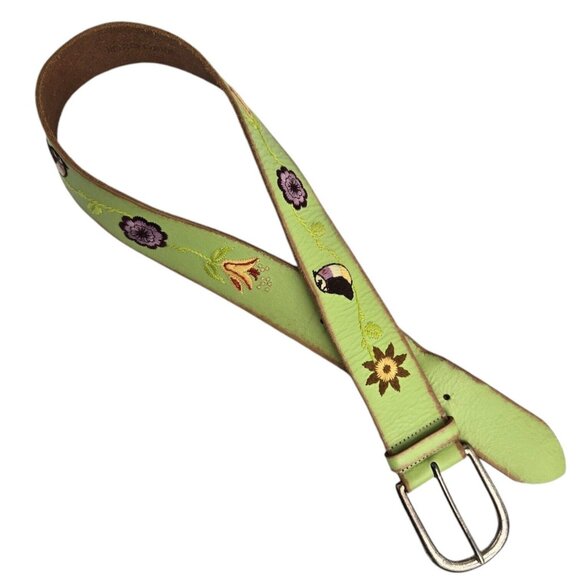 Linea Pelle Peace Embroidered Green Leather Belt Size Small LP050809 Women's - Picture 2 of 7